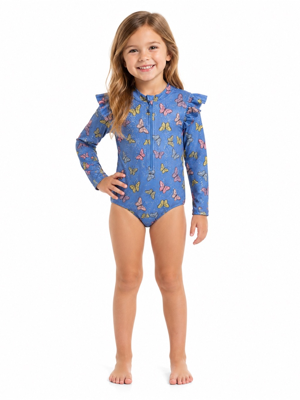 Girls Purple Butterfly Long Sleeve Rash Guard Swimsuit